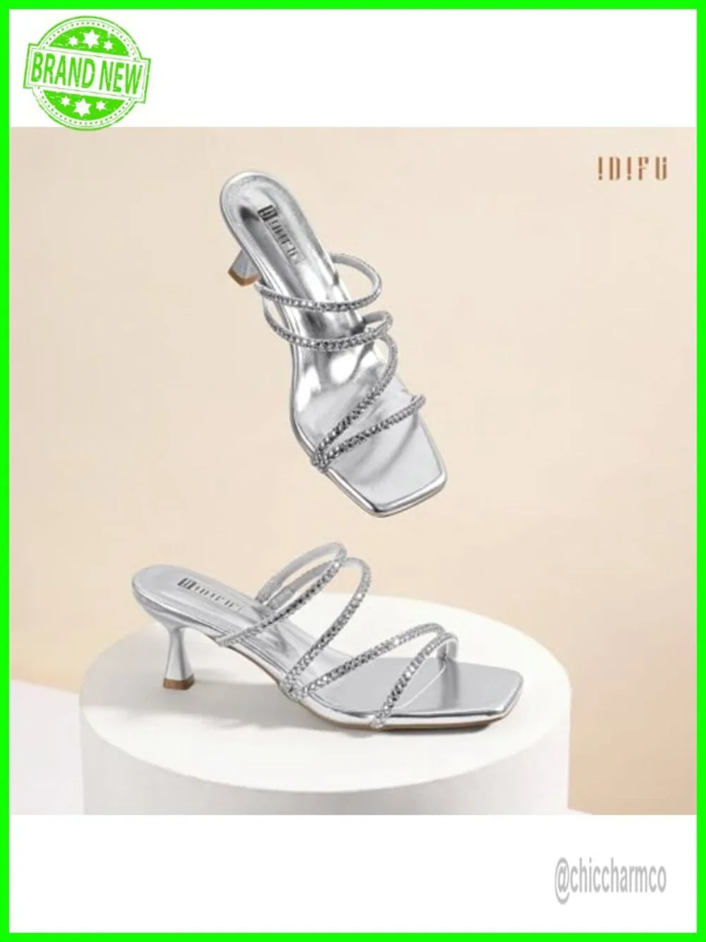 IDIFU Rhinestone Strappy Slingback Kitten Heels Sandals Women's Slip On